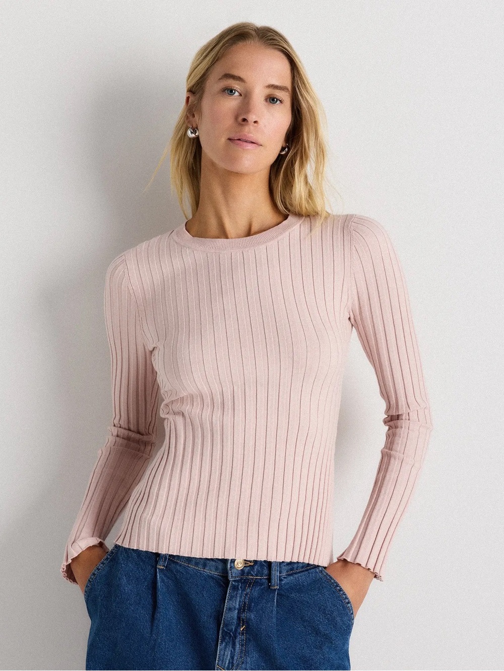 Quince Cotton Cashmere Ribbed Long Sleeve Sweater Medium